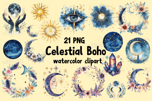 Download Celestial Boho Watercolor Clipart Bundle - Boho Collection