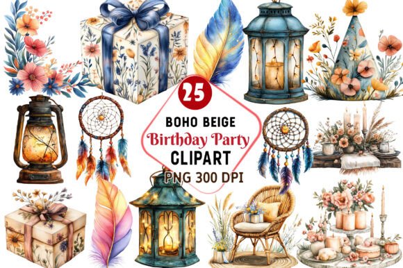 Download Boho Beige Birthday Party Clipart - Boho Collection
