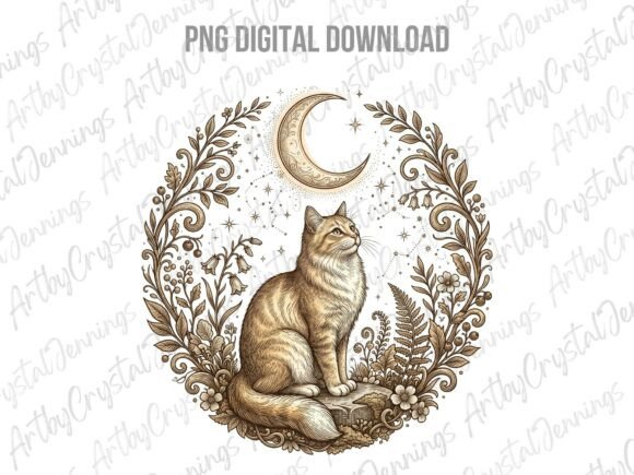 Download Boho Celestial Cat Moon Floral PNG - Boho Collection