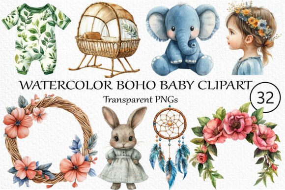 Download Watercolor Boho Baby Clipart Bundle - Boho Collection