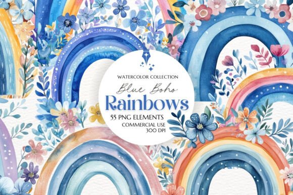 Download Boho Blue Rainbow Clipart PNG - Boho Collection